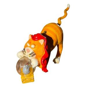 Cat with Mouse Snow Globe Ornament Orange Kitsch